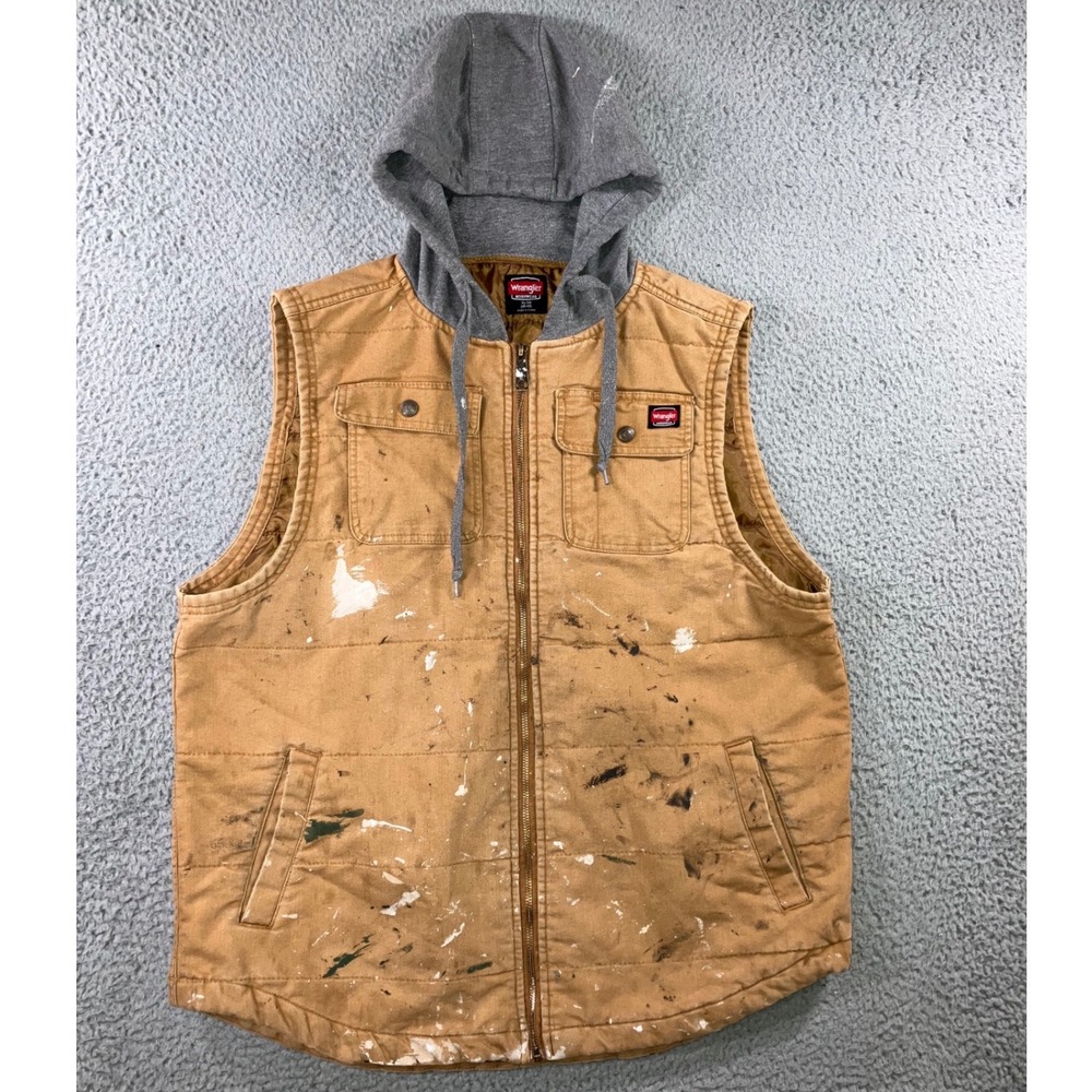 Wrangler Workwear Hooded Vest Men XL Brown Distressed Canvas Paint Splatter‎